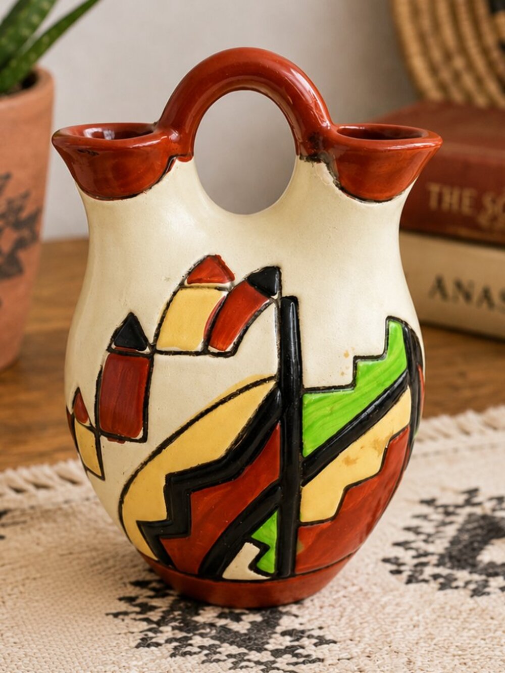 Vintage Native American Style Indian Wedding Vase Hand Painted Pottery 5.75"